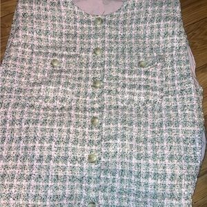 Frayed tweed Pink and Black shoulder padded oversized Vest